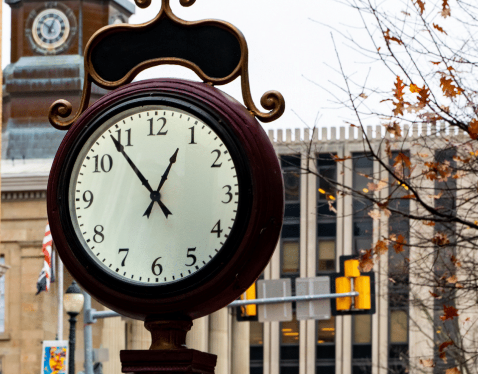 A clock in downtown West Chester, PA