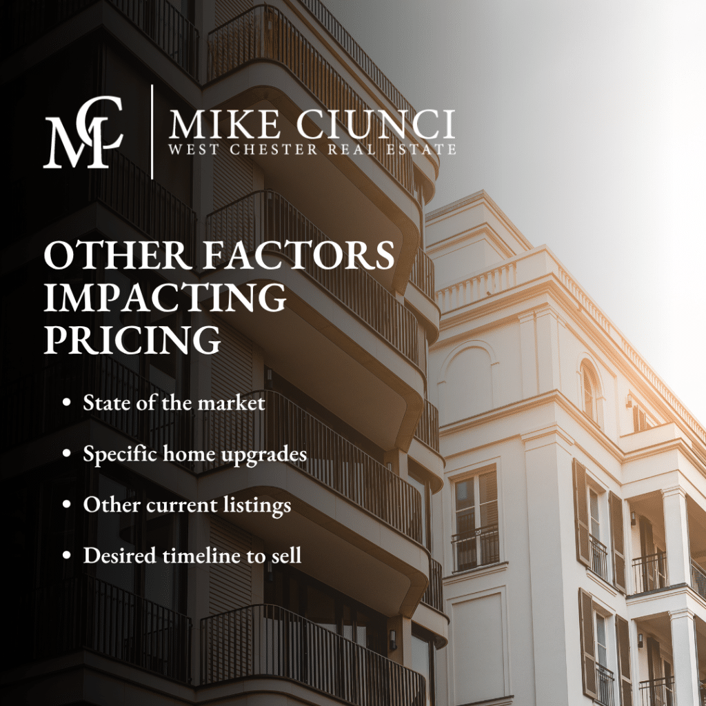 Other factors impacting pricing. State of the market. Specific home upgrades. Other current listings. Desired timeline to sell.